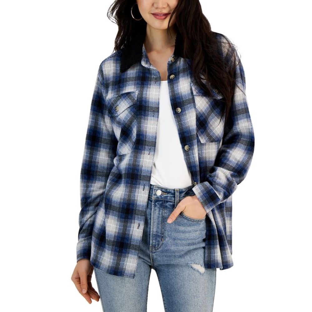 Just Polly Juniors' Plaid Polar Fleece Sherpa-Collar Shacket